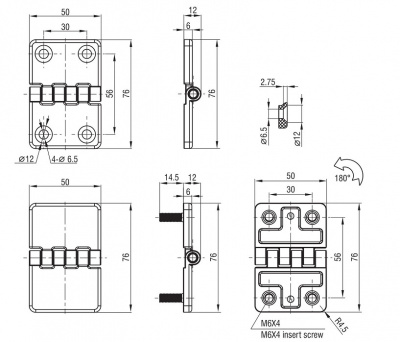 Петля накладная 76х50 М6 черная 4204