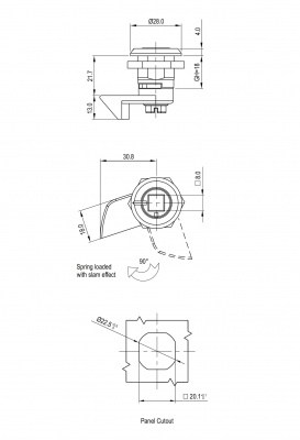 Замок на четверть поворота 2838 захлопывающийся - подпружиненный ригель под внутренний квадрат